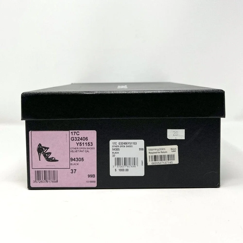 Chanel Black Velvet Patent Leather Strappy Heels CC Logo 37
